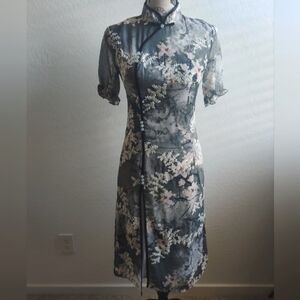 🆕 Mingjin Authentic Chinese Qi Pao Gray Floral Formal Dress Wedding guest (M)